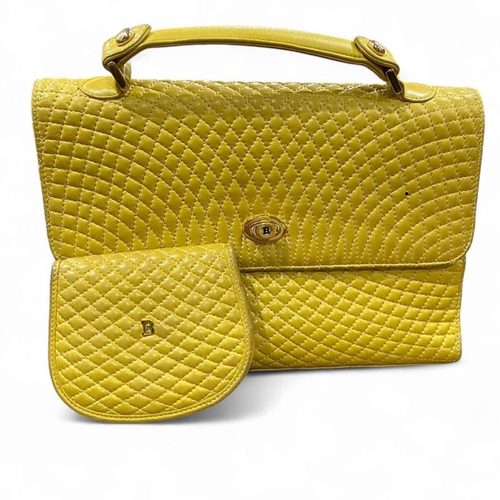 Vintage BALLY Yellow Lambskin Leather Quilted Handbag with wallet